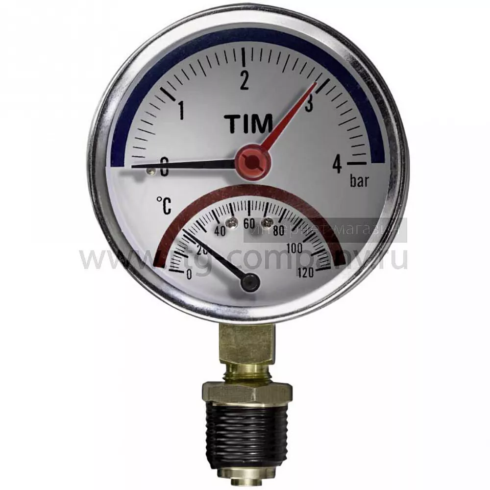 Термоманометр TIM Y-80-10 d 80 мм, 1.0 МПа (до 10 атм), 0-120º, G1/2 с нижним подключением (Китай)